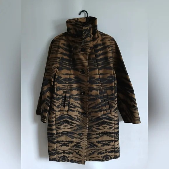 DKNY Black & Brown Animal Print Mid Length Lightweight Coat SzS Pockets - Picture 1 of 16